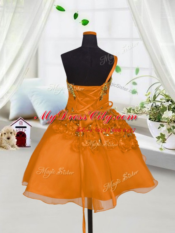 Sweetheart Sleeveless Pageant Dress Toddler Mini Length Beading and Hand Made Flower Orange Red Organza