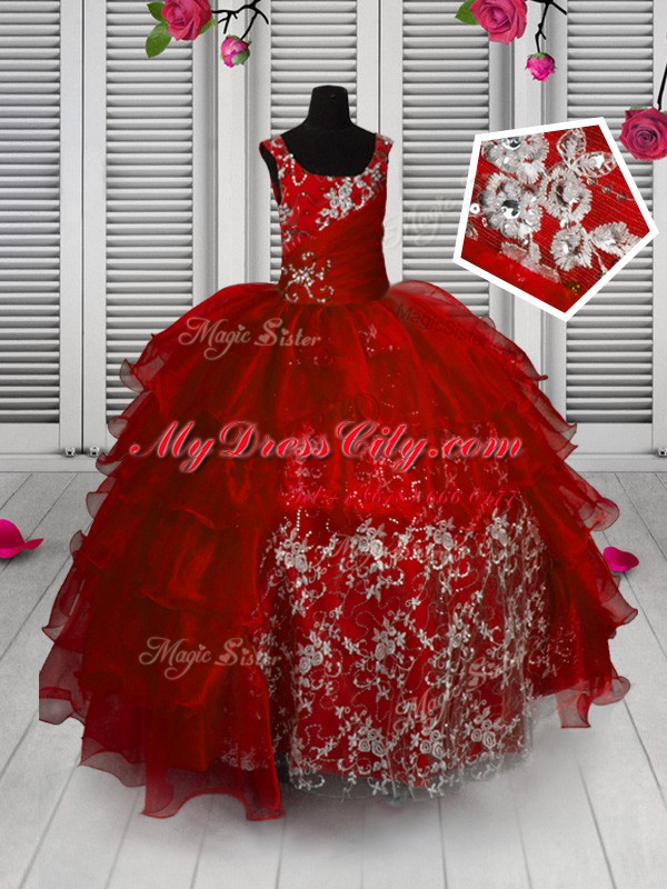 Ruffled Floor Length Red Pageant Dress Wholesale Straps Sleeveless Lace Up