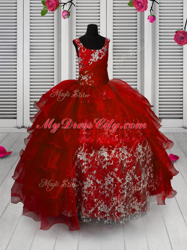 Ruffled Floor Length Red Pageant Dress Wholesale Straps Sleeveless Lace Up