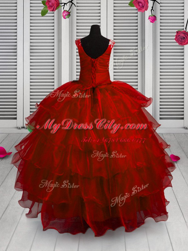 Ruffled Floor Length Red Pageant Dress Wholesale Straps Sleeveless Lace Up