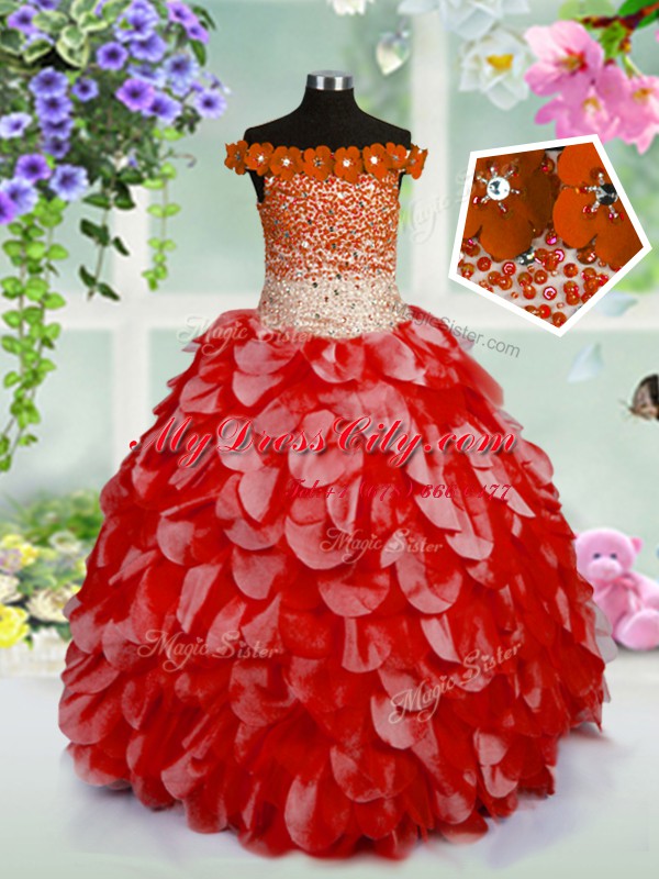 Super Red Off The Shoulder Neckline Beading and Hand Made Flower Girls Pageant Dresses Sleeveless Lace Up