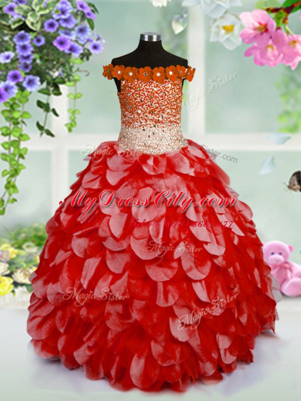 Super Red Off The Shoulder Neckline Beading and Hand Made Flower Girls Pageant Dresses Sleeveless Lace Up