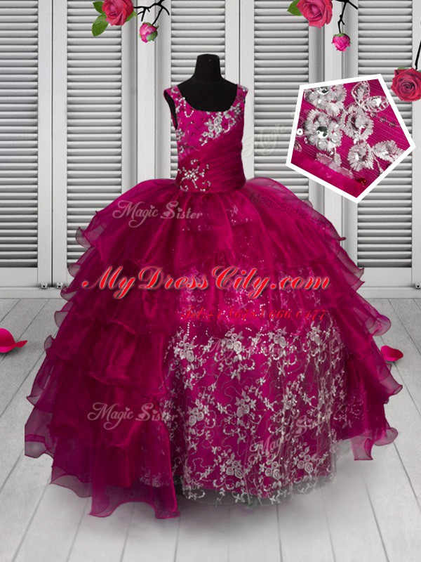 Ruffled Ball Gowns Custom Made Pageant Dress Fuchsia Straps Organza Sleeveless Floor Length Lace Up