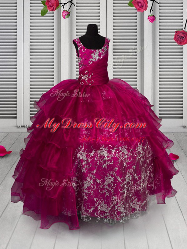 Ruffled Ball Gowns Custom Made Pageant Dress Fuchsia Straps Organza Sleeveless Floor Length Lace Up