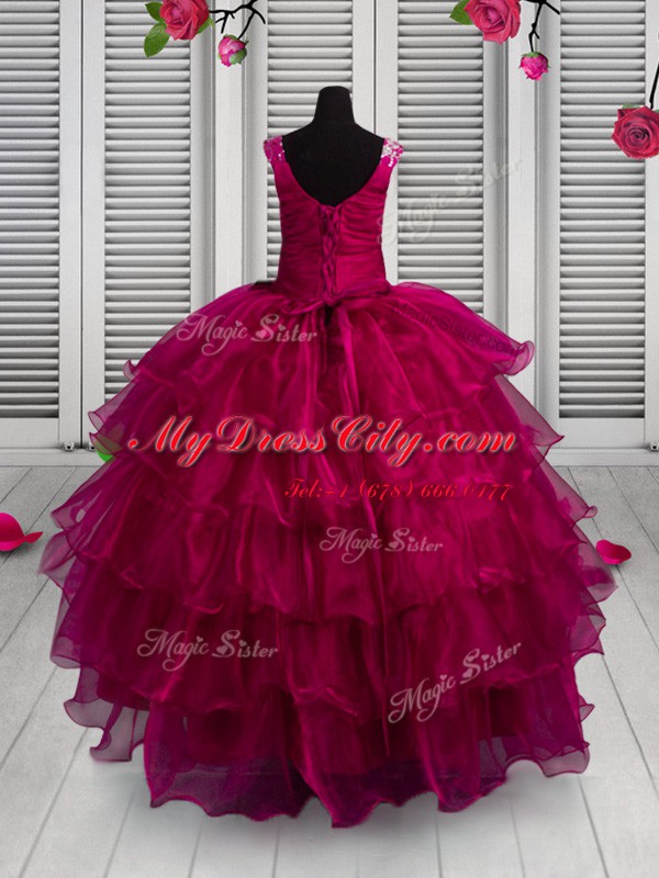 Ruffled Ball Gowns Custom Made Pageant Dress Fuchsia Straps Organza Sleeveless Floor Length Lace Up