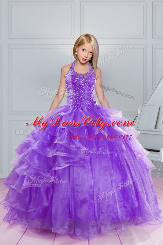 Stunning Organza Halter Top Sleeveless Lace Up Beading and Ruffles Party Dress for Girls in Lavender