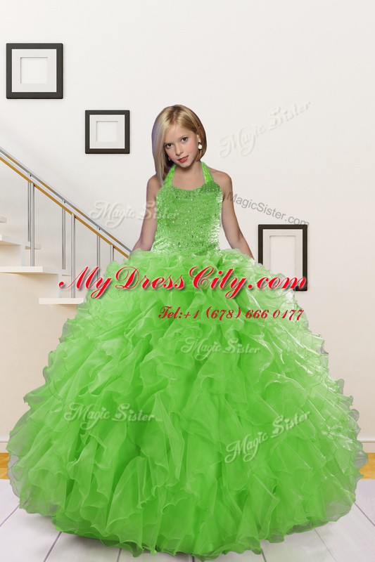 Halter Top Sleeveless Organza Glitz Pageant Dress Beading and Ruffles Lace Up