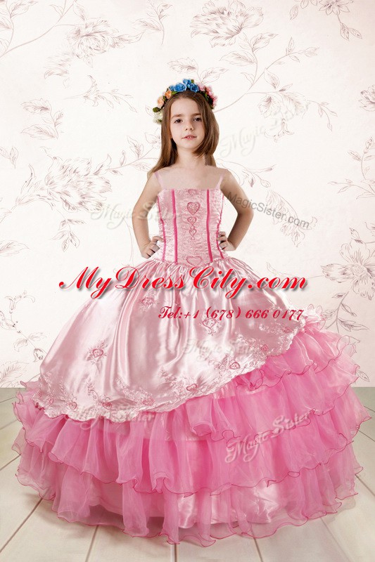 Embroidery and Ruffled Layers Little Girl Pageant Dress Rose Pink Lace Up Sleeveless Floor Length