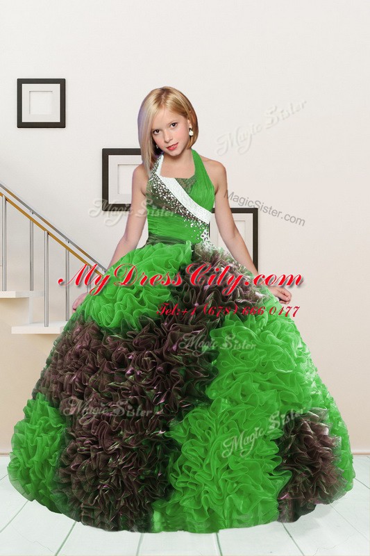 Customized Apple Green and Chocolate Ball Gowns Fabric With Rolling Flowers Halter Top Sleeveless Beading and Ruffles Floor Length Lace Up Pageant Dress for Womens