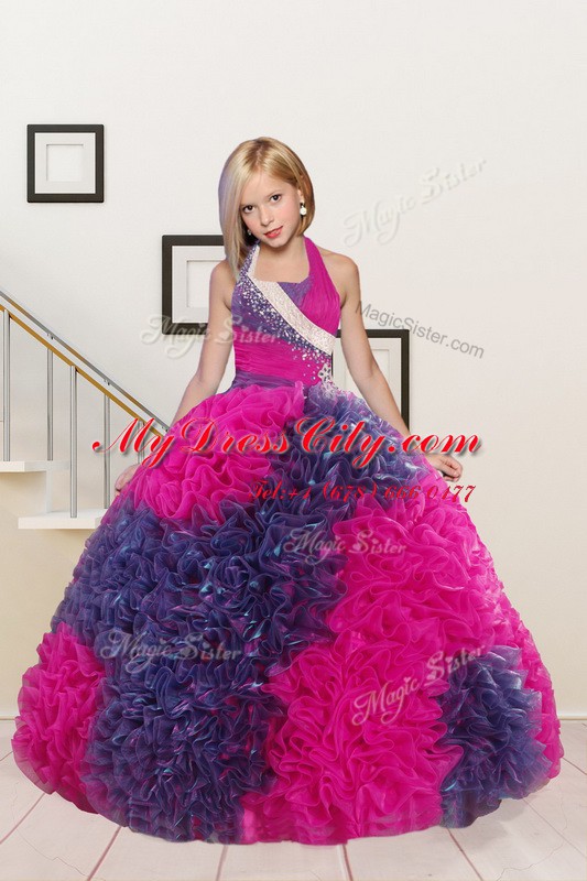 Super Halter Top Sleeveless Lace Up Pageant Gowns Fuchsia Fabric With Rolling Flowers