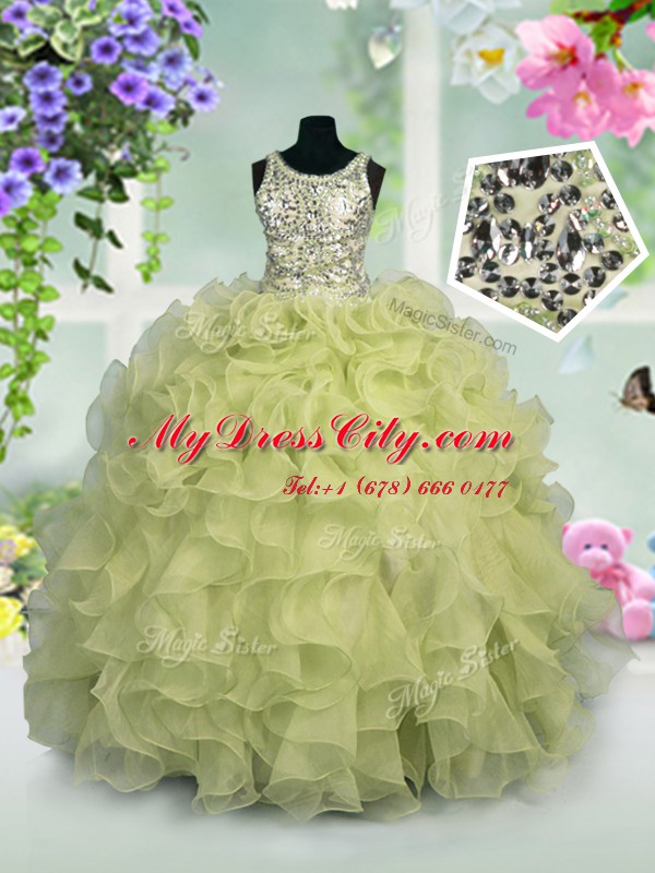 Scoop Floor Length Zipper Kids Formal Wear Light Yellow for Party and Wedding Party with Ruffles and Sequins