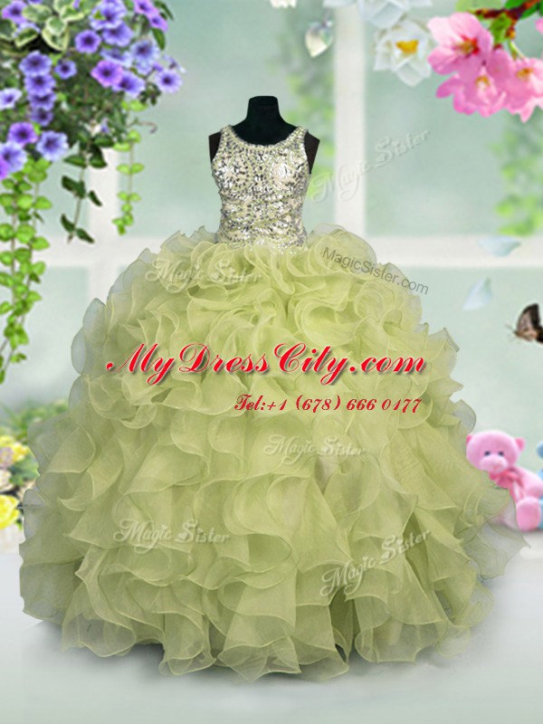 Scoop Floor Length Zipper Kids Formal Wear Light Yellow for Party and Wedding Party with Ruffles and Sequins