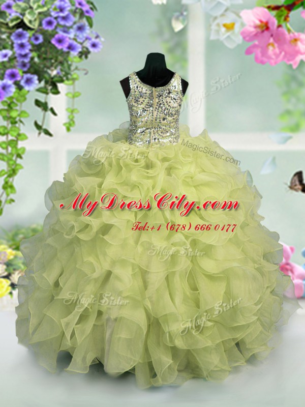 Scoop Floor Length Zipper Kids Formal Wear Light Yellow for Party and Wedding Party with Ruffles and Sequins