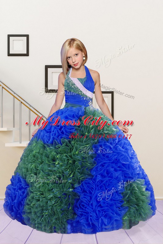 Blue and Dark Green Fabric With Rolling Flowers Lace Up Halter Top Sleeveless Floor Length Kids Pageant Dress Beading and Ruffles