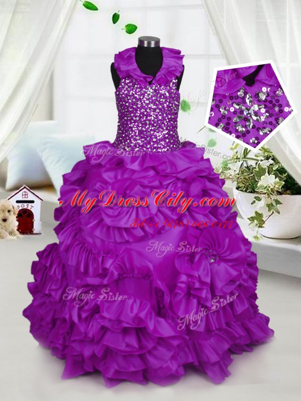 Trendy Halter Top Sleeveless Floor Length Beading Zipper Teens Party Dress with Purple