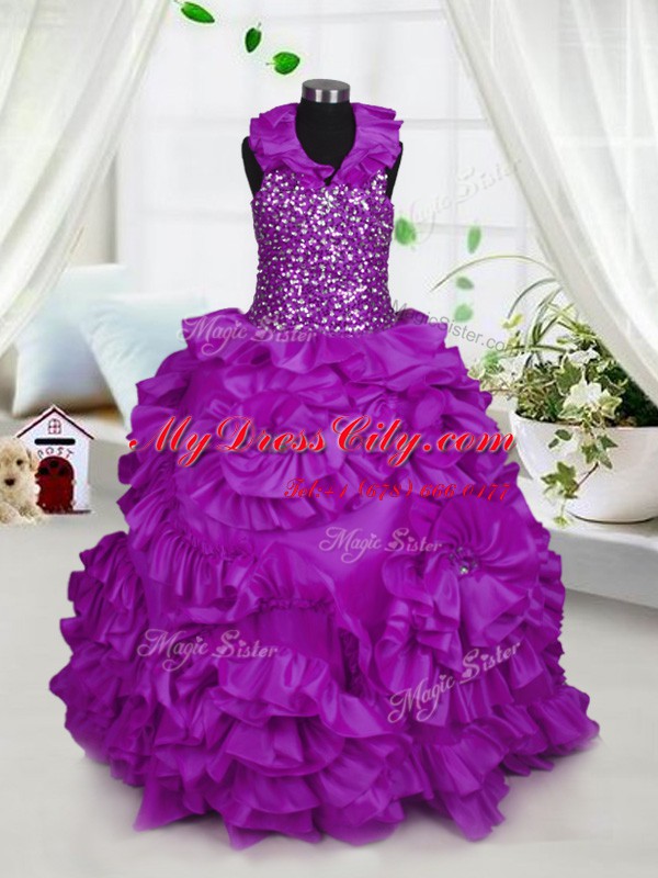 Trendy Halter Top Sleeveless Floor Length Beading Zipper Teens Party Dress with Purple