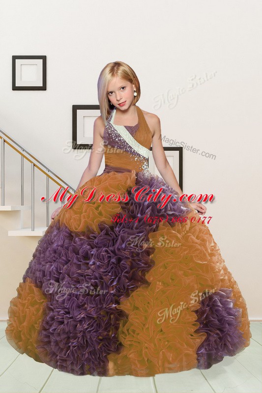 Halter Top Sleeveless Custom Made Floor Length Beading and Ruffles Purple and Orange Fabric With Rolling Flowers