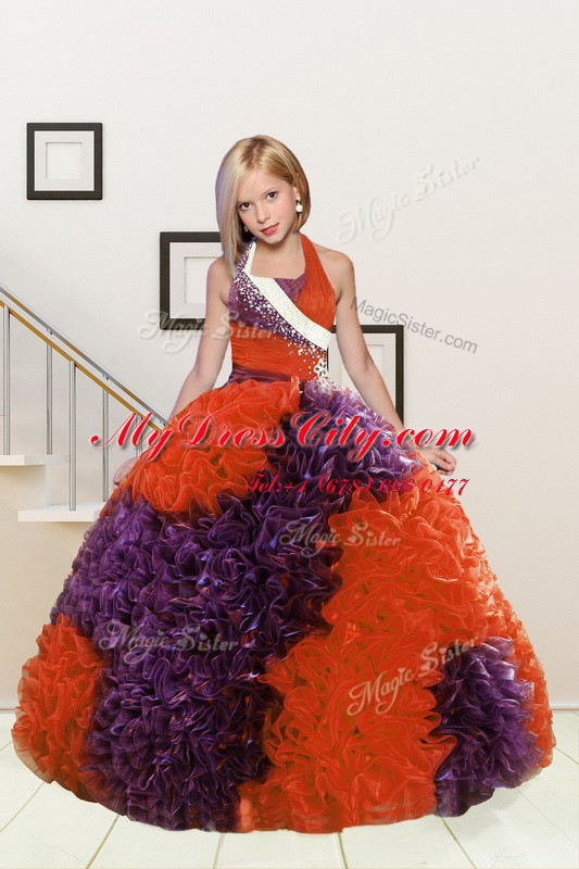 Halter Top Purple and Orange Red Sleeveless Beading and Ruffles Floor Length Custom Made Pageant Dress