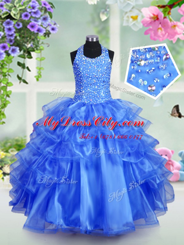 Ruffled Ball Gowns Party Dress for Toddlers Royal Blue Halter Top Organza Sleeveless Floor Length Lace Up