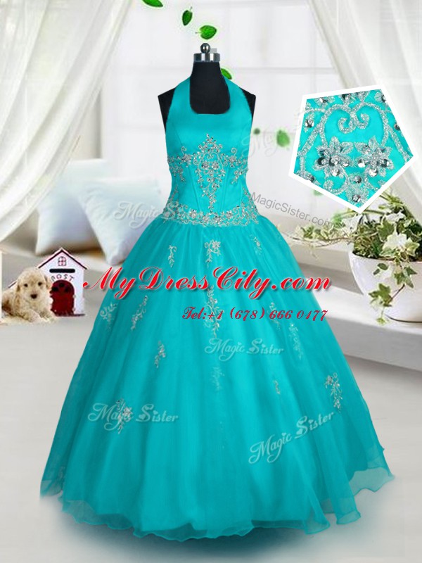 Halter Top Aqua Blue Tulle Lace Up Winning Pageant Gowns Sleeveless Floor Length Appliques