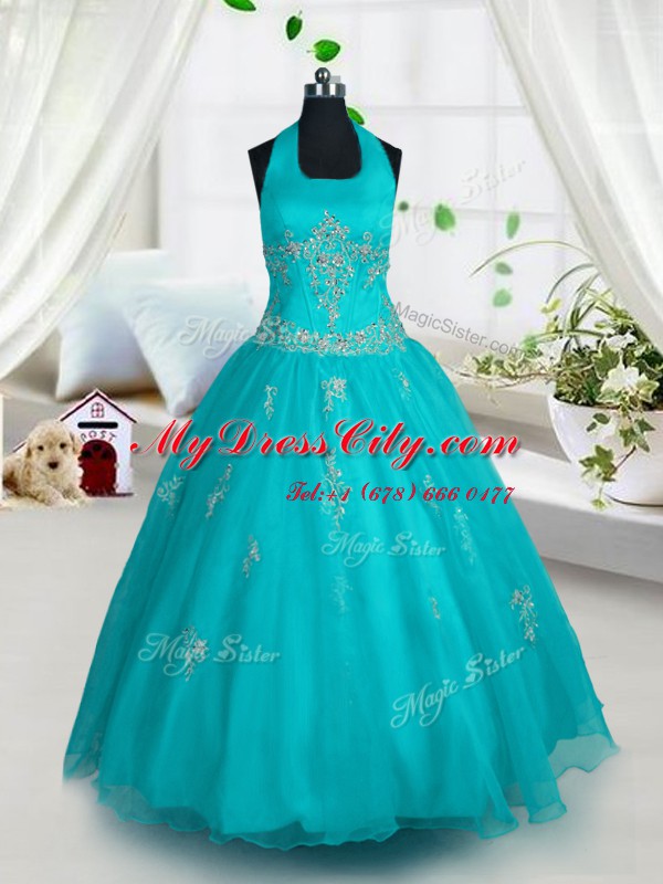 Halter Top Aqua Blue Tulle Lace Up Winning Pageant Gowns Sleeveless Floor Length Appliques