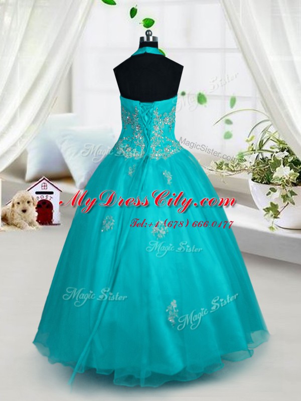 Halter Top Aqua Blue Tulle Lace Up Winning Pageant Gowns Sleeveless Floor Length Appliques