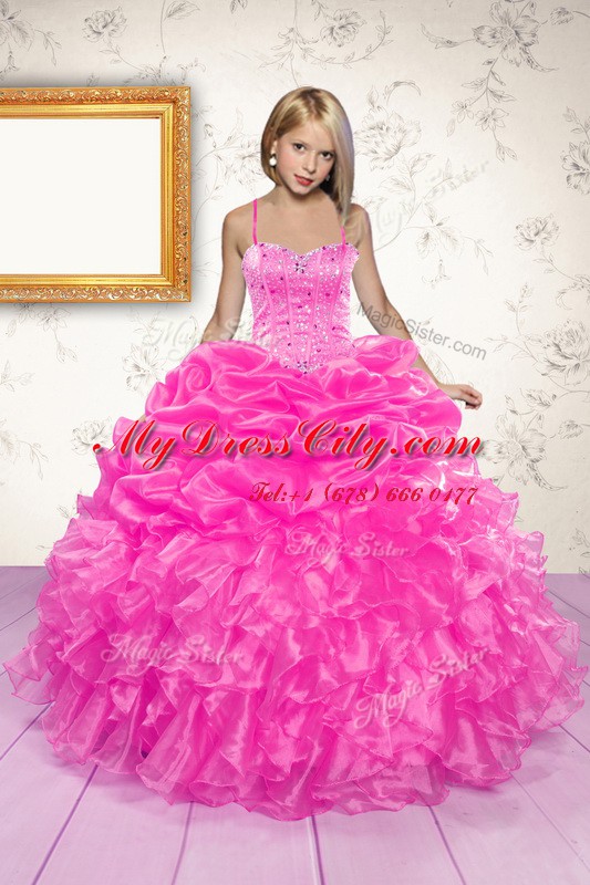 Hot Pink Sleeveless Floor Length Beading and Ruffles and Pick Ups Lace Up Girls Pageant Dresses