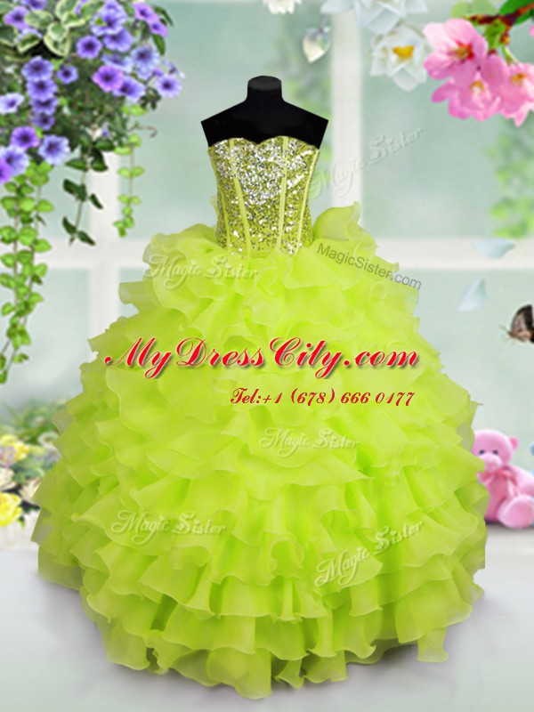 Sleeveless Floor Length Ruffled Layers and Sequins Lace Up Kids Formal Wear with