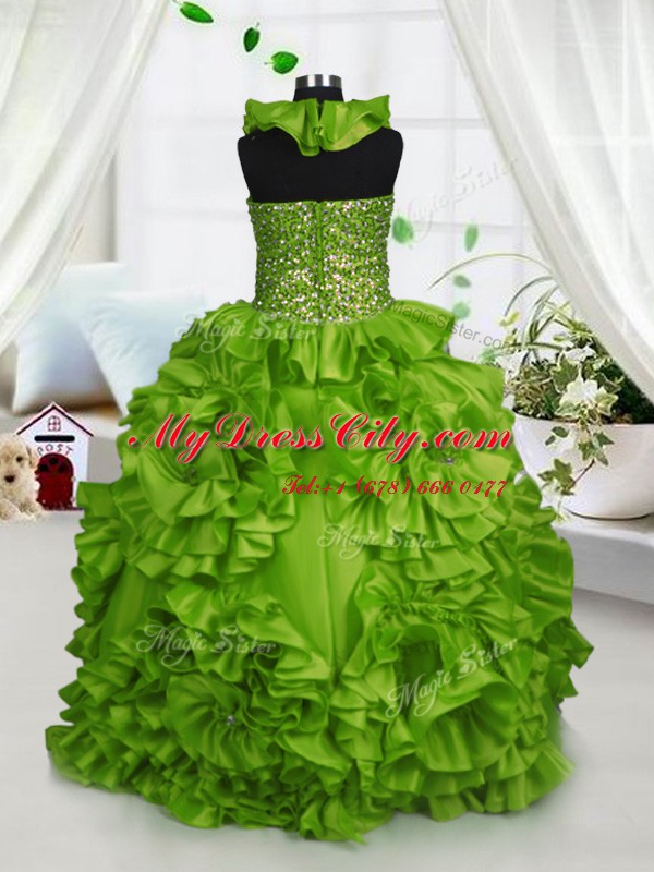 Halter Top Olive Green Zipper Little Girls Pageant Dress Beading and Ruffles Sleeveless Floor Length