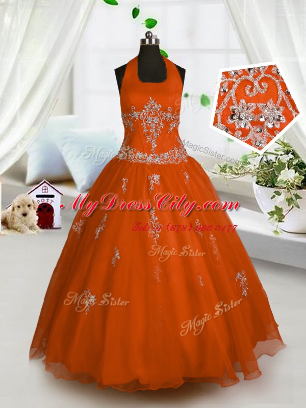 Red A-line Tulle Halter Top Sleeveless Appliques Floor Length Lace Up Party Dress for Girls