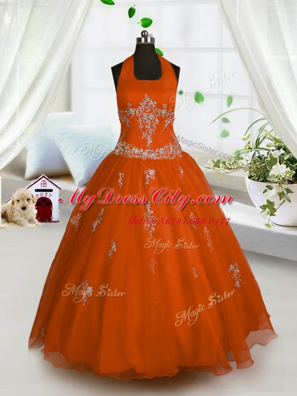 Red A-line Tulle Halter Top Sleeveless Appliques Floor Length Lace Up Party Dress for Girls