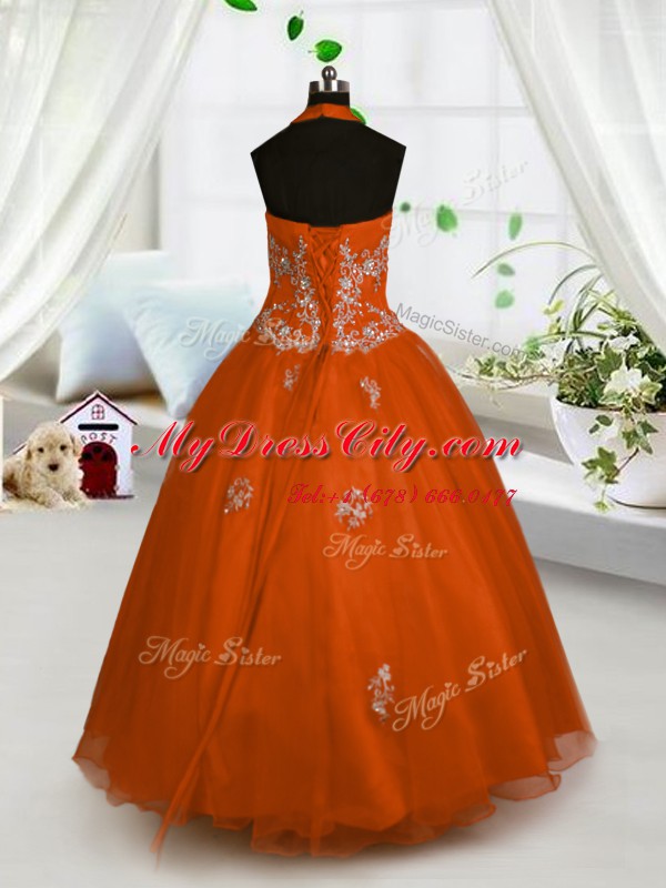 Red A-line Tulle Halter Top Sleeveless Appliques Floor Length Lace Up Party Dress for Girls