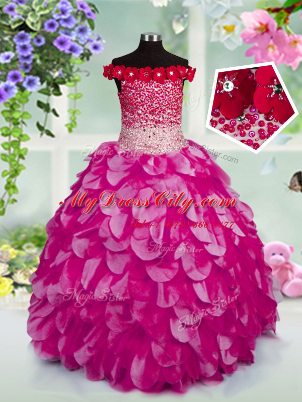 Fuchsia Off The Shoulder Neckline Beading and Hand Made Flower Little Girls Pageant Gowns Sleeveless Lace Up