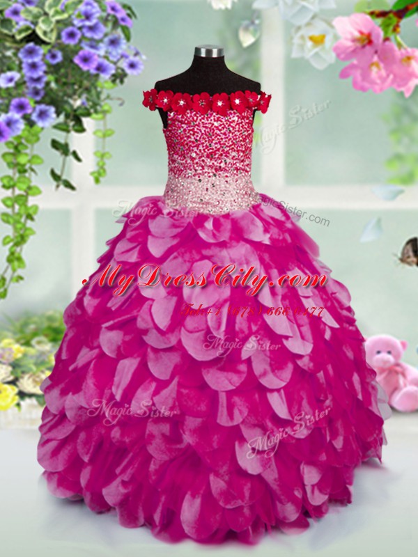 Fuchsia Off The Shoulder Neckline Beading and Hand Made Flower Little Girls Pageant Gowns Sleeveless Lace Up