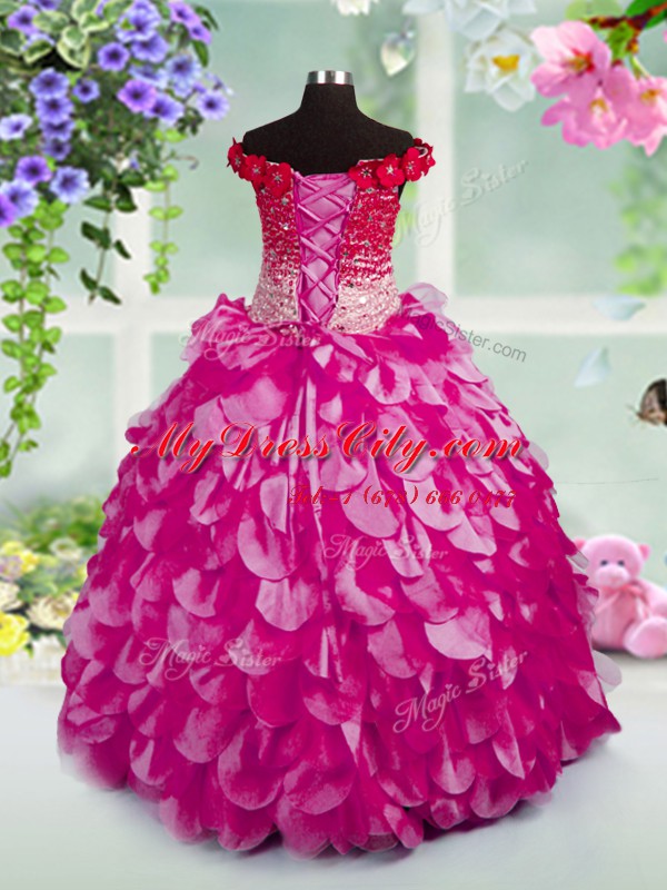 Fuchsia Off The Shoulder Neckline Beading and Hand Made Flower Little Girls Pageant Gowns Sleeveless Lace Up