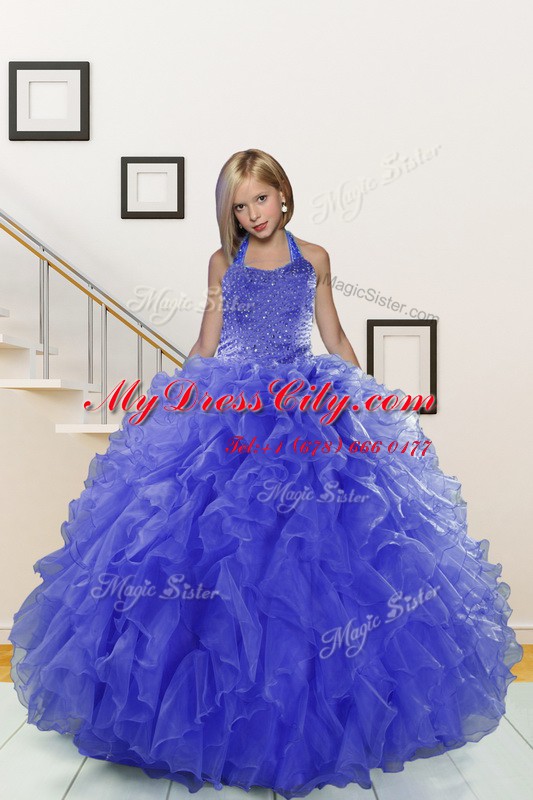 Halter Top Floor Length Lace Up Pageant Dress Blue for Party and Wedding Party with Beading and Ruffles