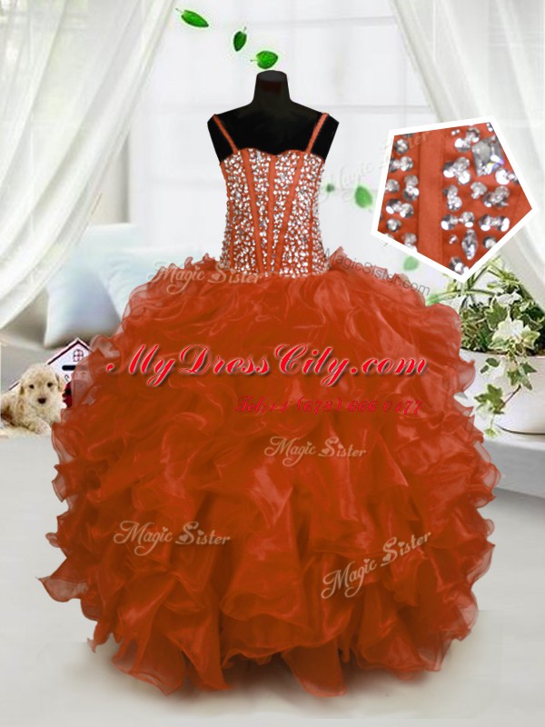 Rust Red Lace Up Spaghetti Straps Beading and Ruffles Juniors Party Dress Organza Sleeveless