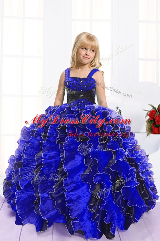 Floor Length Blue And Black Party Dress for Girls Organza Sleeveless Beading and Ruffles