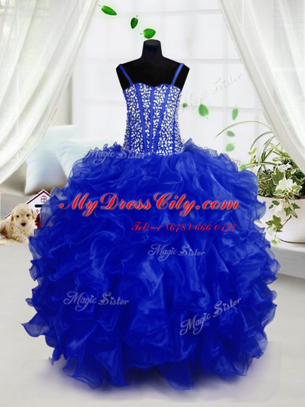 Royal Blue Ball Gowns Beading and Ruffles Pageant Dress Lace Up Organza Sleeveless Floor Length