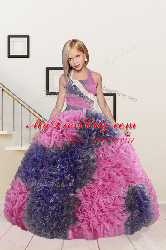 Ball Gowns Pageant Gowns For Girls Pink and Dark Purple Halter Top Fabric With Rolling Flowers Sleeveless Floor Length Lace Up