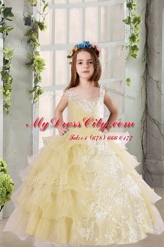 Amazing Ruffled Square Sleeveless Lace Up Child Pageant Dress Light Yellow Organza