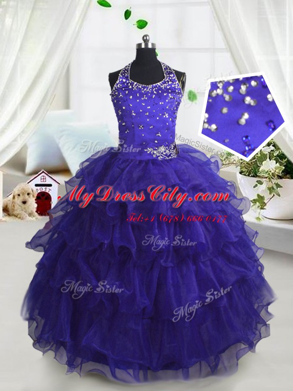 Hot Selling Scoop Sleeveless Pageant Dress for Teens Floor Length Beading and Ruffled Layers Navy Blue Organza