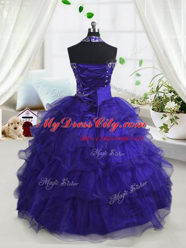 Hot Selling Scoop Sleeveless Pageant Dress for Teens Floor Length Beading and Ruffled Layers Navy Blue Organza