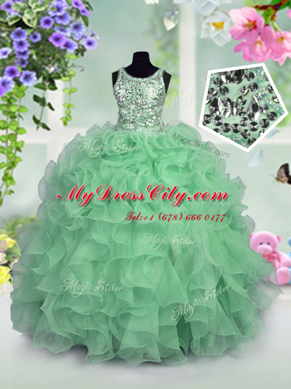 Adorable Scoop Apple Green Zipper Custom Made Ruffles and Sequins Sleeveless Floor Length