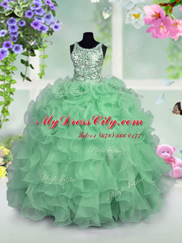 Adorable Scoop Apple Green Zipper Custom Made Ruffles and Sequins Sleeveless Floor Length