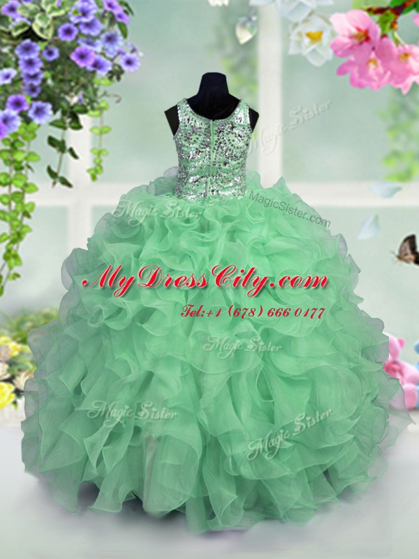 Adorable Scoop Apple Green Zipper Custom Made Ruffles and Sequins Sleeveless Floor Length