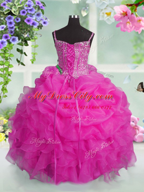 Customized Baby Pink Lace Up Spaghetti Straps Beading and Ruffles and Pick Ups Pageant Dress for Girls Organza Sleeveless