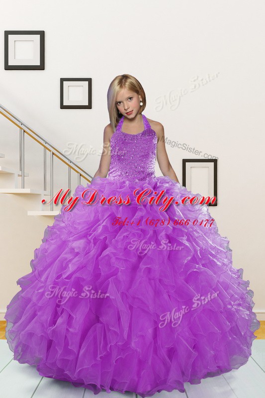 Excellent Halter Top Purple Ball Gowns Beading and Ruffles Pageant Dress Toddler Lace Up Organza Sleeveless Floor Length