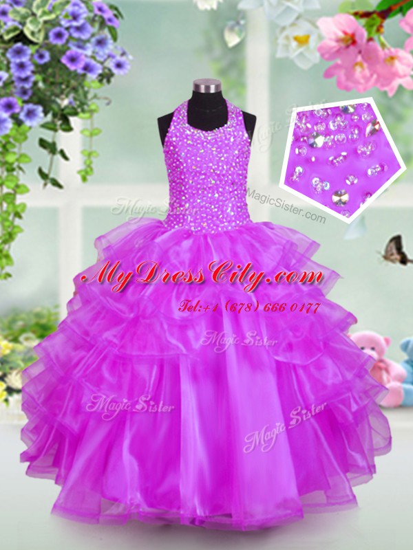 Halter Top Lilac Organza Lace Up Pageant Dress Wholesale Sleeveless Floor Length Beading and Ruffled Layers