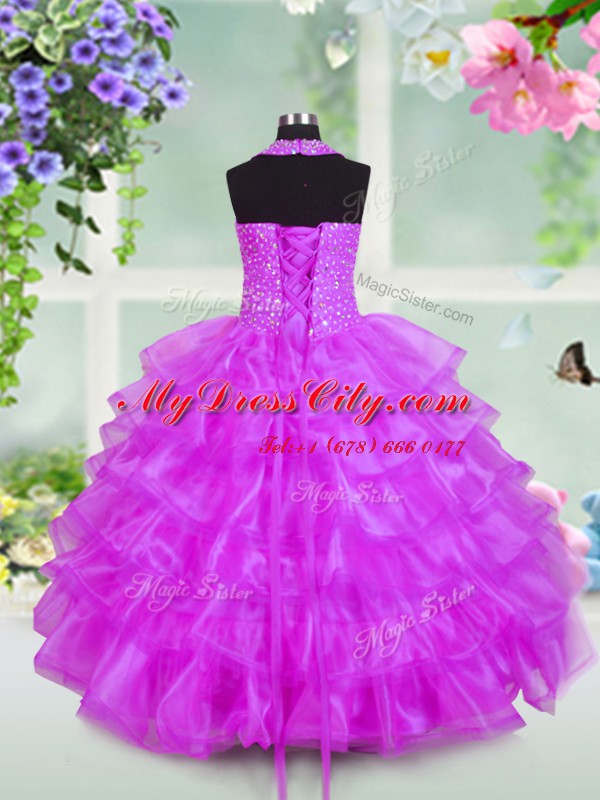 Halter Top Lilac Organza Lace Up Pageant Dress Wholesale Sleeveless Floor Length Beading and Ruffled Layers